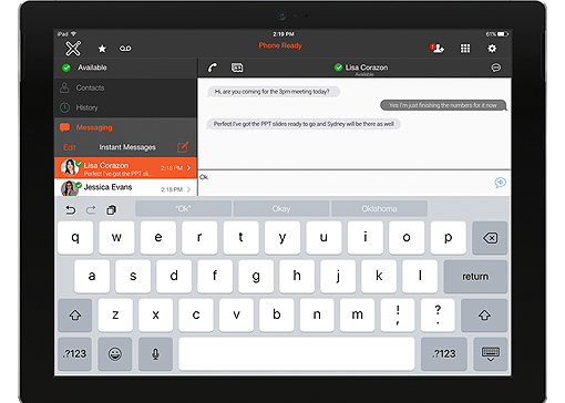 Bria X integrates chat and presence to make it easy to communicate with coworkers. bria x on tablet device
