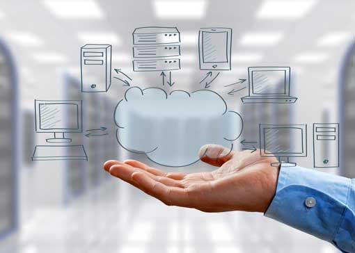 There are three types of modern cloud types: public cloud, private cloud, and hybrid cloud. employee hand showcasing cloud architecture idea