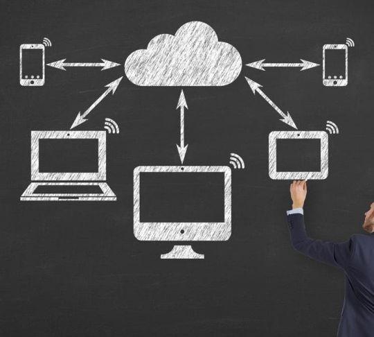 There are a number of considerations businesses should think about when migrating to a cloud network. mobile tablet laptop and desktop computer in the cloud